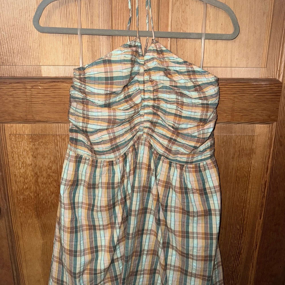 Americanb Eagle Outfitters Strapless Plaid Dress in Brown, Teal, Cream